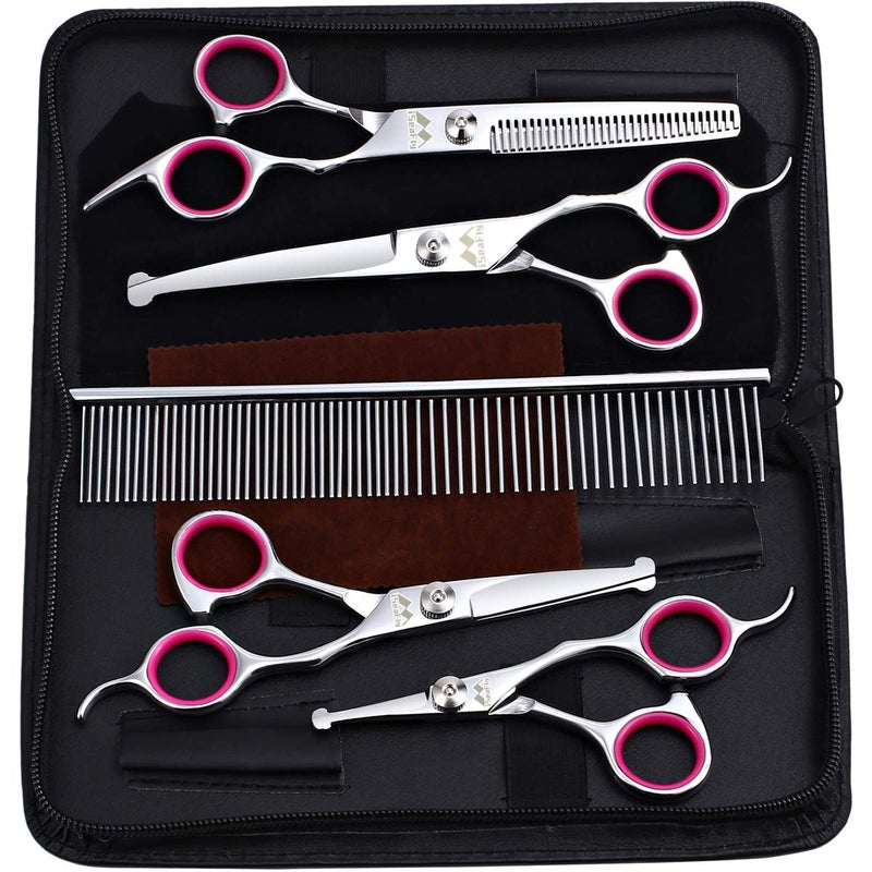 iSeaFly Dog Grooming Kit with Round Tip, 6 in 1 Cat Dog Grooming Scissors, Stainless Steel Pet Grooming Shears for Full Body, Face, Nose, Ear and Paw (pink) - Image 1